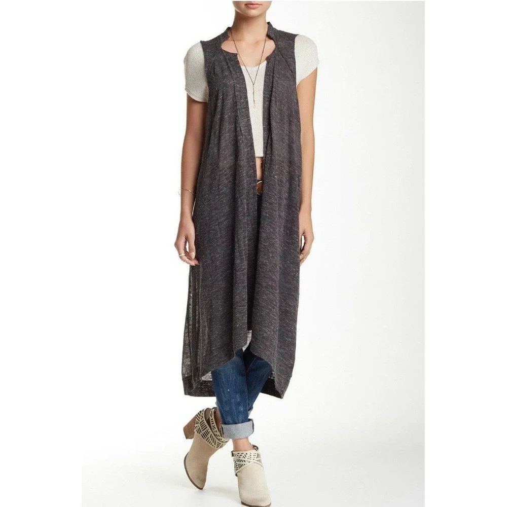 Free People Long Cardigan SWEATER VEST SHIRT‎ TOP Duster Trench Knit Grey SZ-M